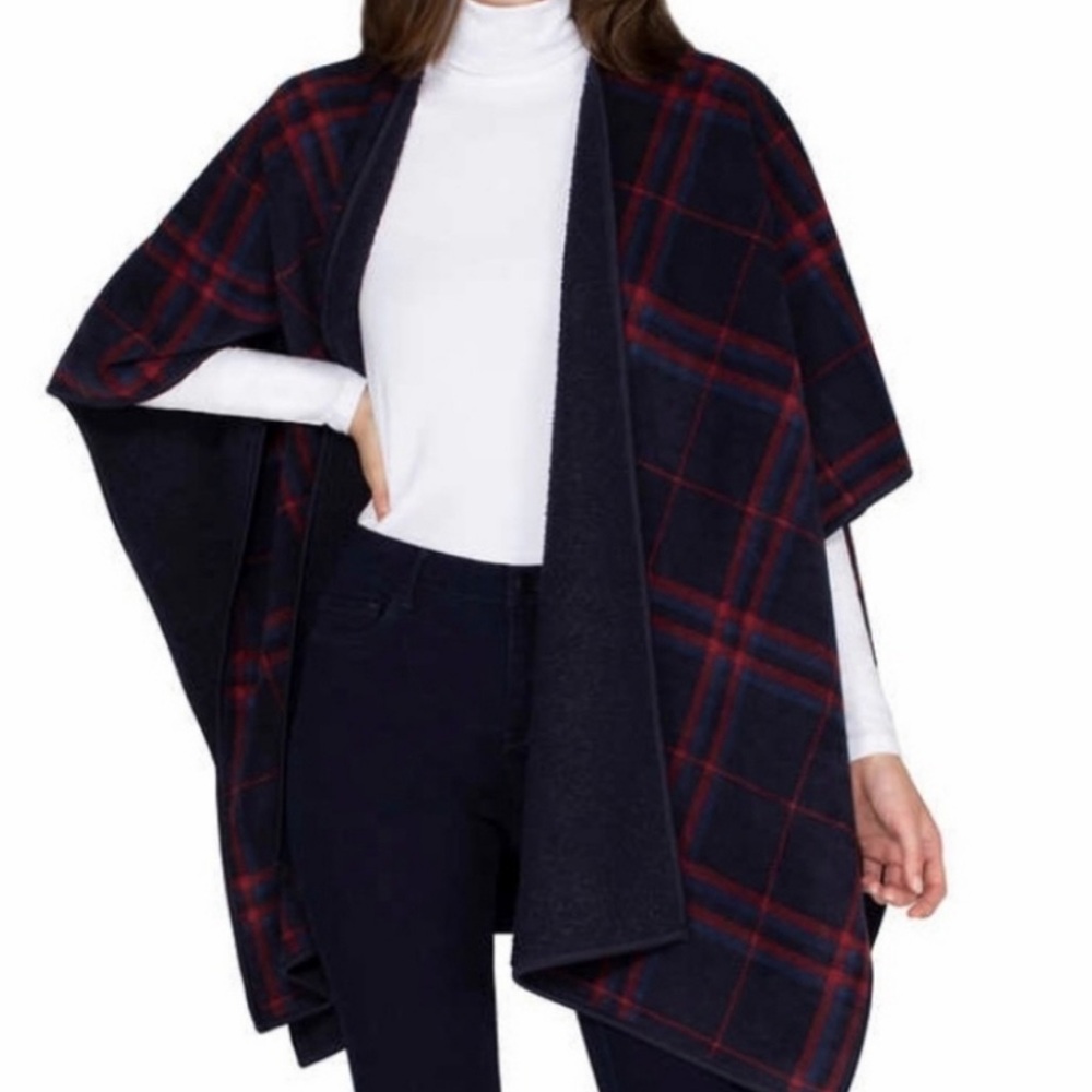 Ike Behar Reversible Plaid Cape in Navy and Red